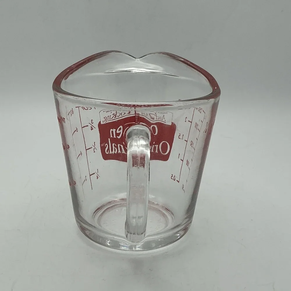 Vintage Anchor Hocking Oven Basics #496 Red Print 1 Cup/8 oz Glass Measuring Cup